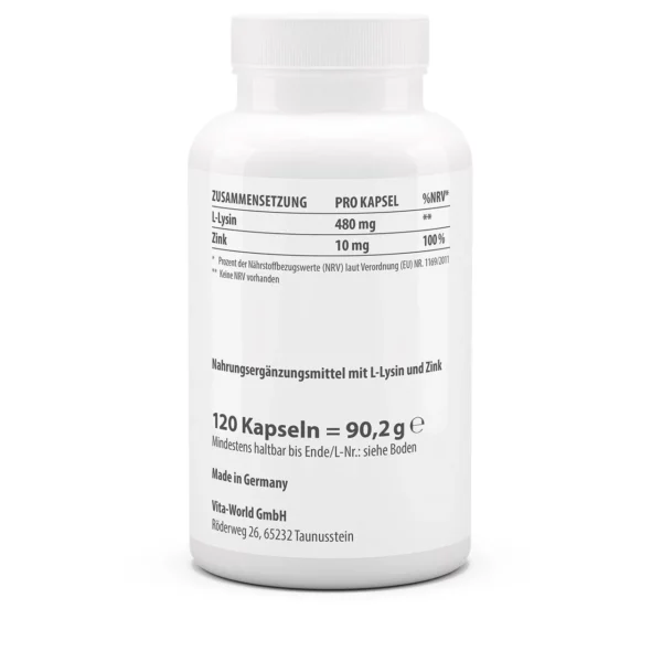 Vitaworld lysine 600 plus zink 10 120 capsules - Afbeelding 2