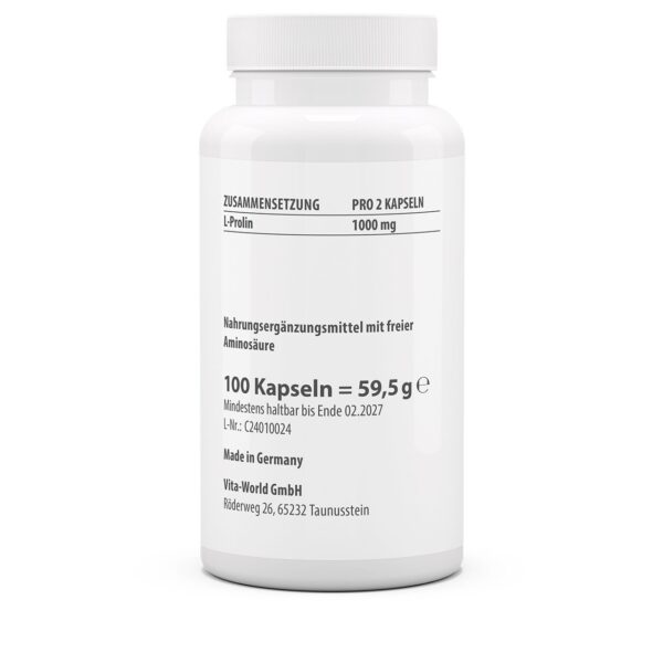 Vitaworld L-proline 500mg 100 capsules - Afbeelding 2