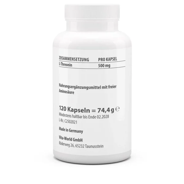 Vitaworld L-threonine 500mg 120 capsules - Afbeelding 2