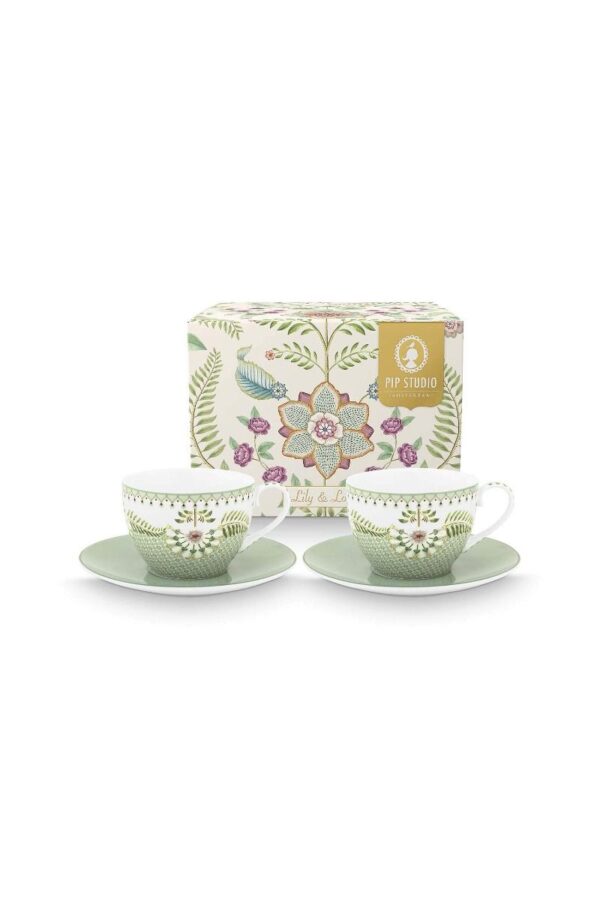 Pip Studio Lily en Lotus licht groen set 2 kopjes en schotels 280ml
