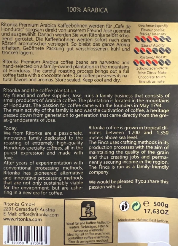 Ritonka koffiebonen Arabica Honduras 500g - Afbeelding 2