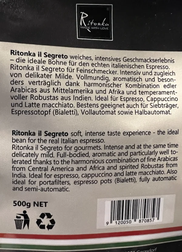 Ritonka koffiebonen melange Il Segreto 500g - Afbeelding 2